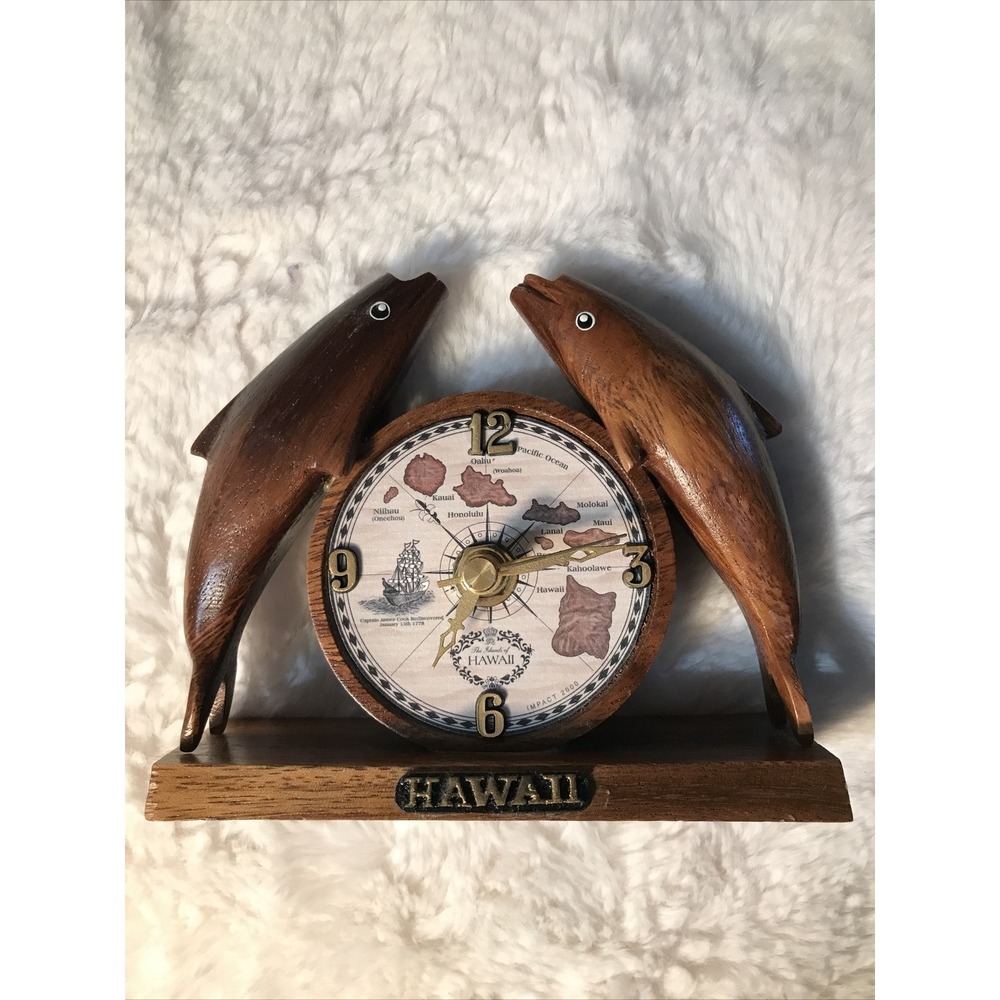 Dolphin Clock with Hawaiian Island Map WORKS Impact 2000 Hawaiian Wood